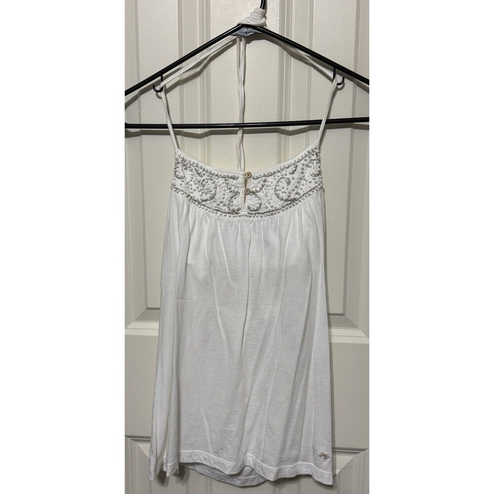 Vintage Y2K American Eagle White Beaded Halter Tunic Top Open Back Boho Sz Small